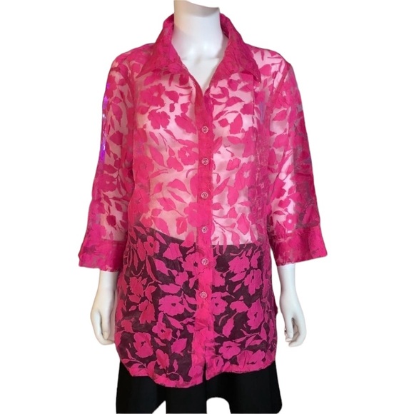 TanJay Tops - TanJay size 16 pink semi sheer lace button down top or cover up